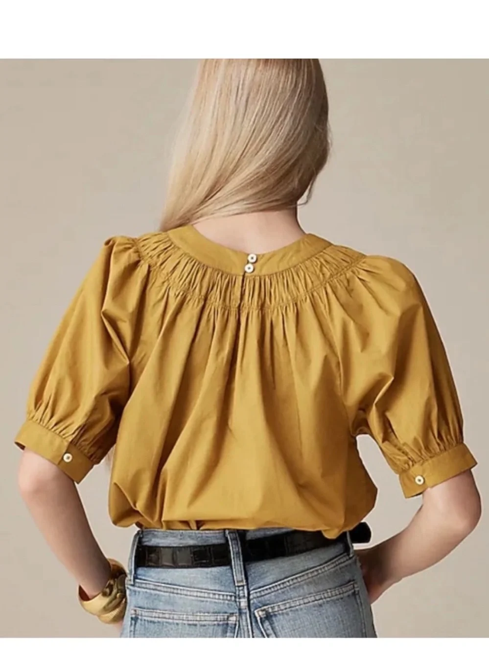 J. Crew Honey Brown Smock-Neck Puff Sleeve, cotton Poplin Top